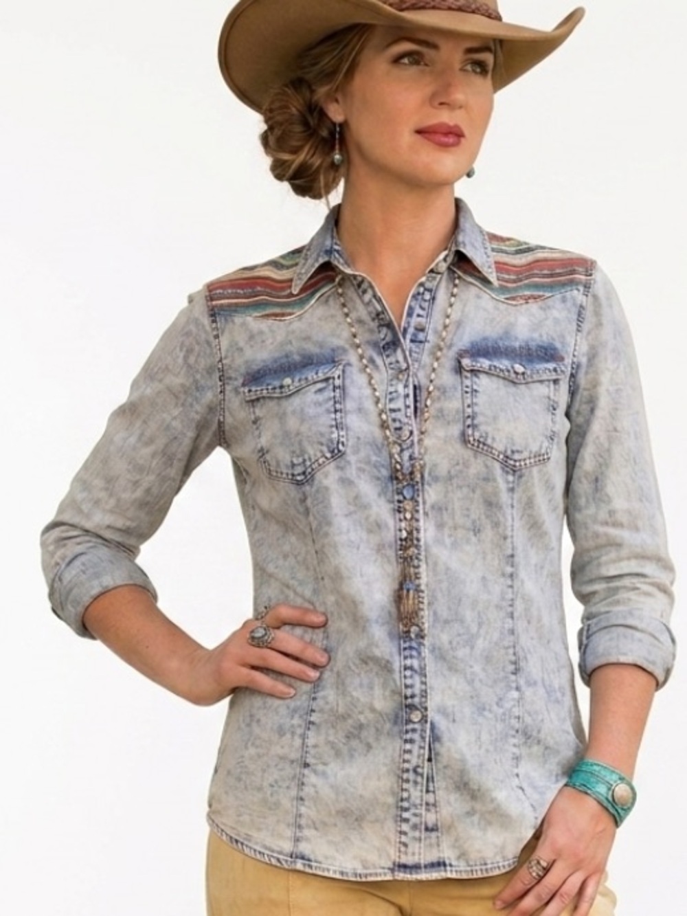 Ryan Michael Southwest Yoke Button Down Subtle Shoulder Embroidery - Indigo Sz M